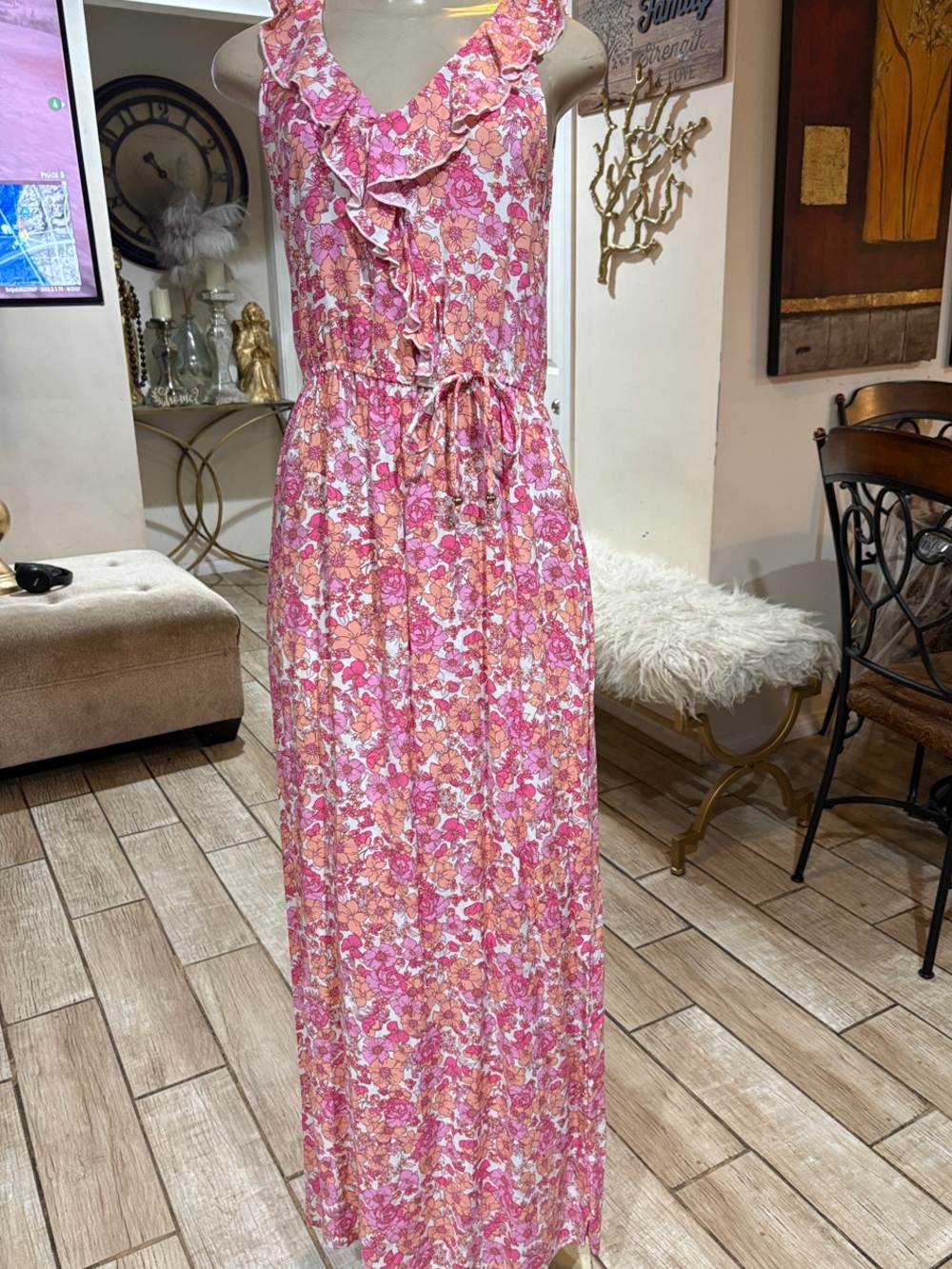 Sleeveless Pink Floral Ruffle Maxi Dress with Tie Waist
